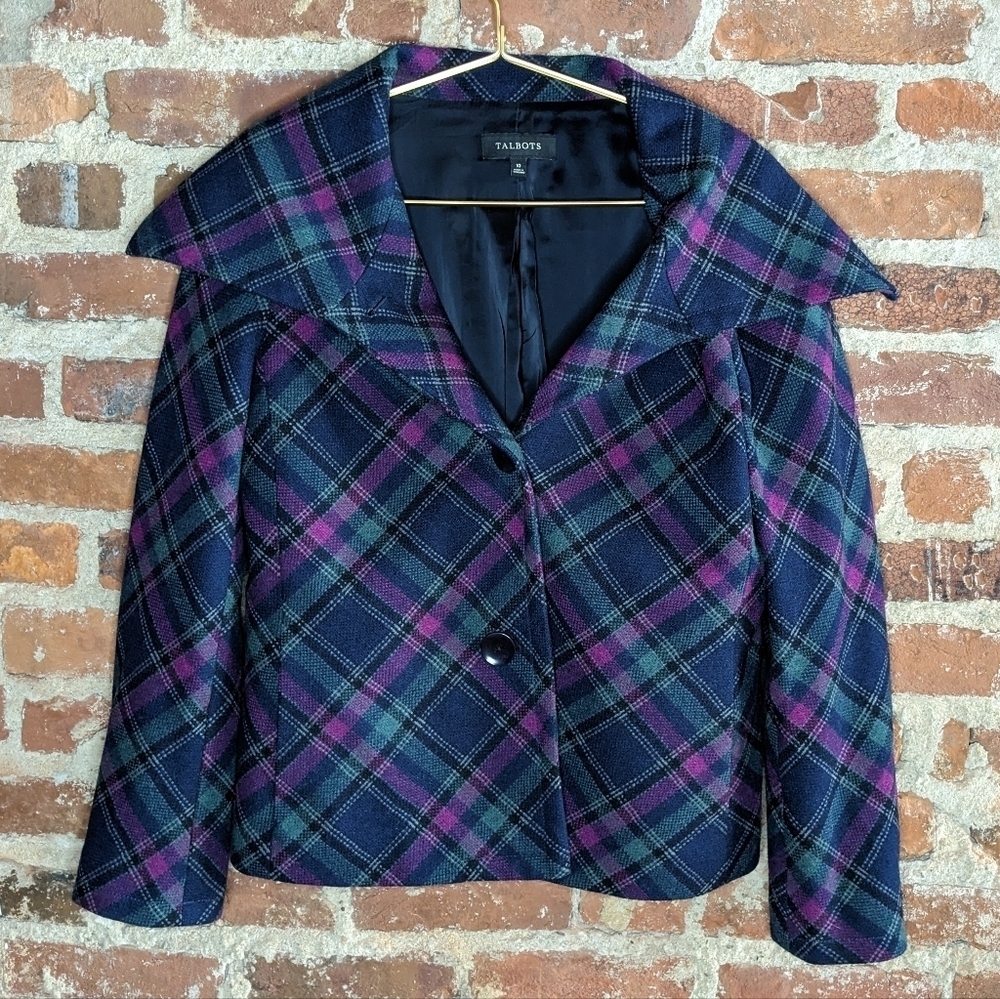 Talbots Size 10 Magenta, Green, & Blue Plaid Wool Blend Blazer Jacket